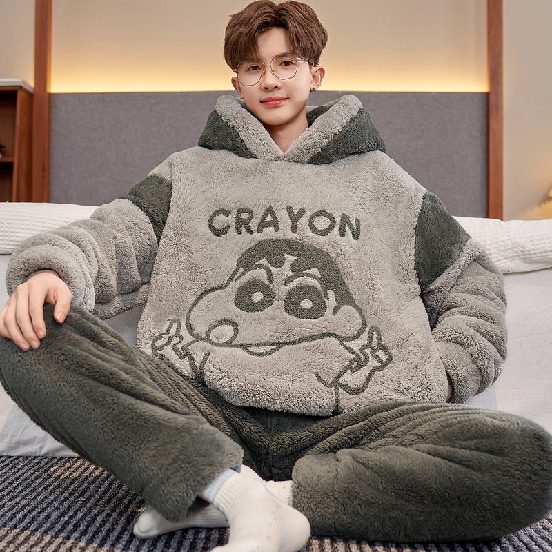 Winter Coral Fleece Pajamas Men'S Fleece-Lined Thickened Warm Cartoon Hooded Flannel Teenager Home Clothes Suit - Image 1