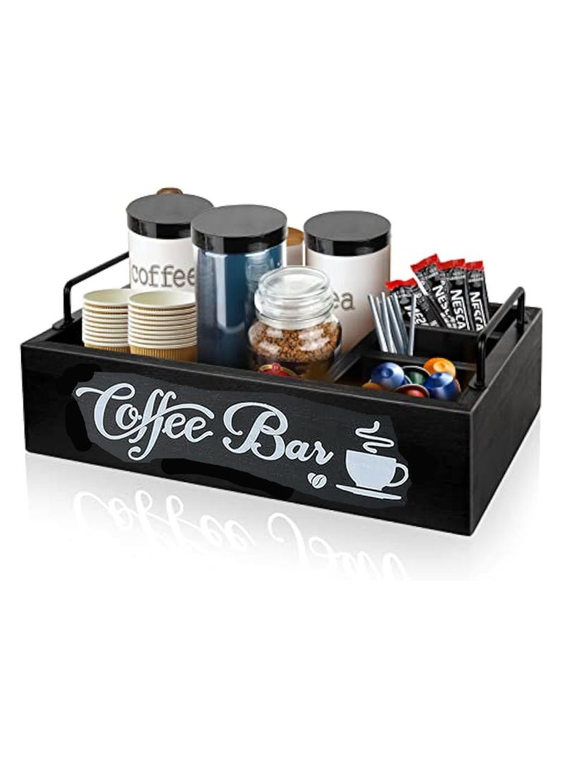 Arabest Coffee Station Organizer Wooden Coffee Bar Organizer for Countertop, Coffee Bar Accessories Organizer Farmhouse Kcup Coffee Pod Holder Storage Basket with Handle - Black - Image 1