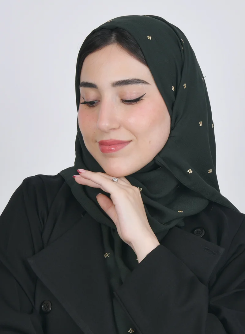 عبايات حوراء طرحه حرير بلون اخضر زيتي بتطريز زهور ذهبيه متفرقه
