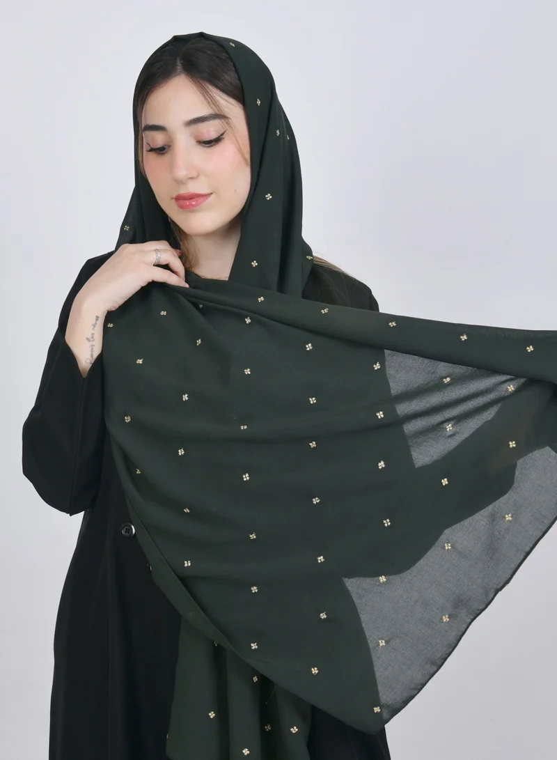 عبايات حوراء طرحه حرير بلون اخضر زيتي بتطريز زهور ذهبيه متفرقه