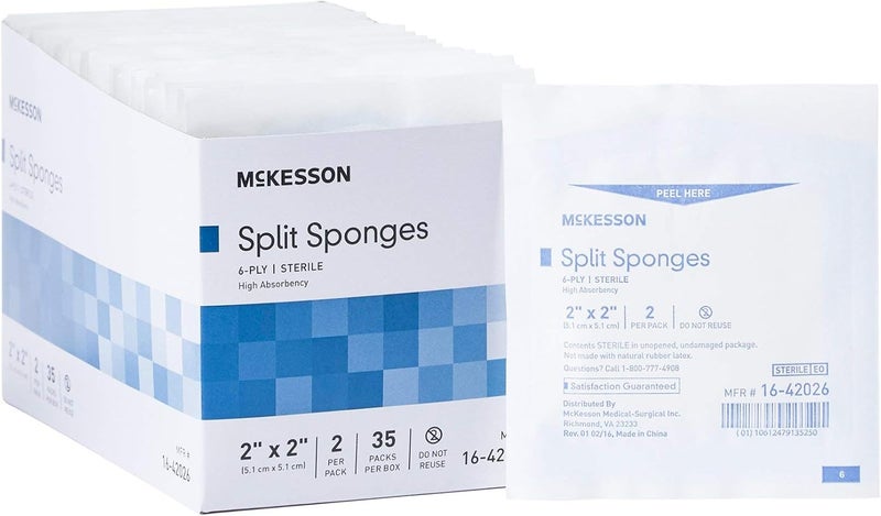 McKesson Split Sponges 6Ply Sterile IV and Tracheostomy Dressings PolyesterRayon Blend 2 in x 2 in 2 per Pack 20 Packs 1400 Total - Image 1