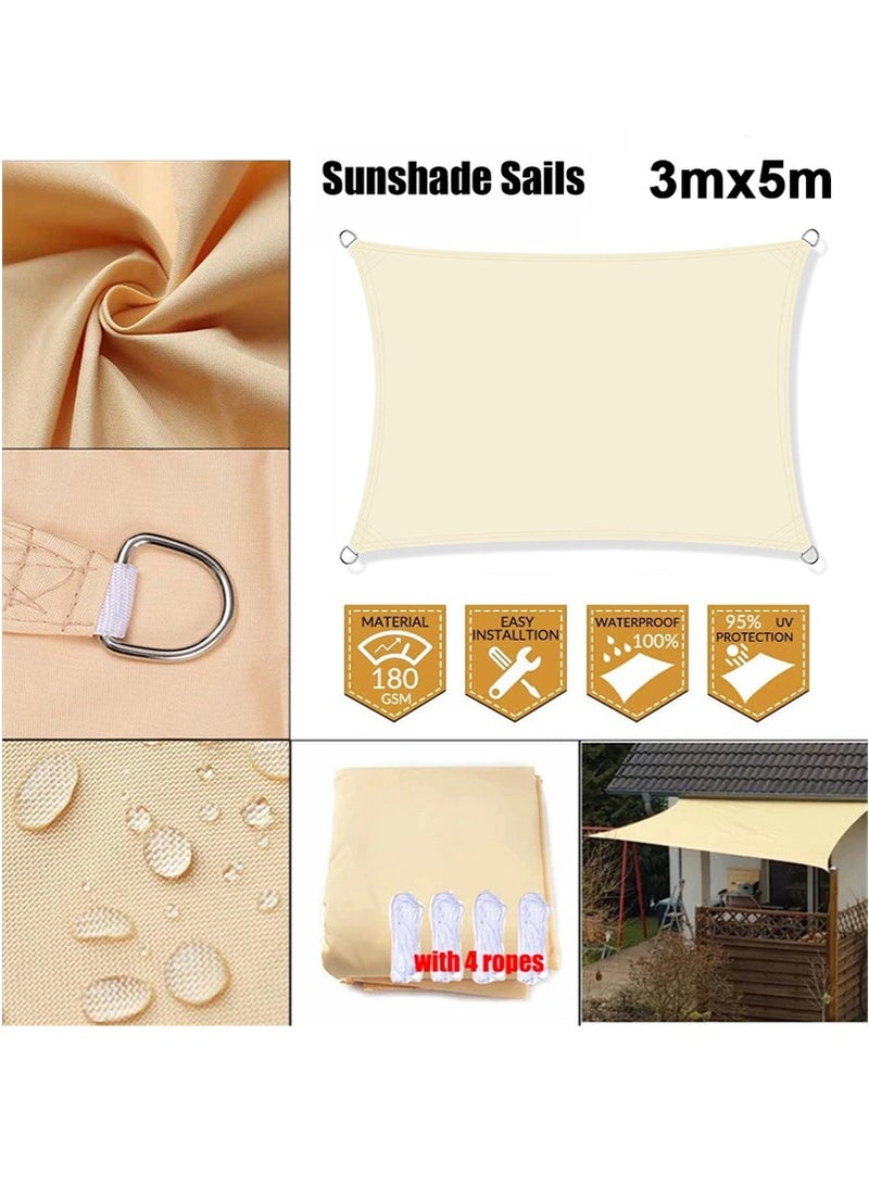 TAPIT 3mx5m Waterproof Sun Shade Sail, Sun Shade Sail Canopy UV Block Awning, Sun Sail Rectangular, Sun Sail for Garden Outdoor Terrace (Beige) - Image 1