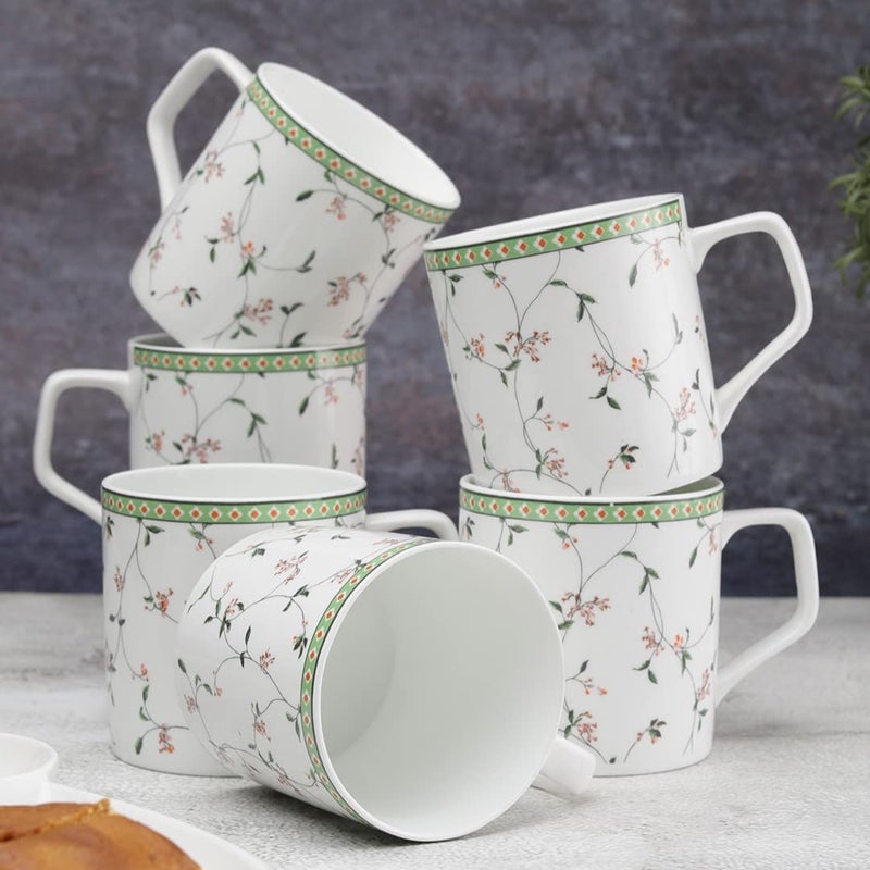 JCPL Fine Ceramic TeaCoffee Mugs Set of 6180 ml Each Green Floral Cups 6 Pcs - Image 1