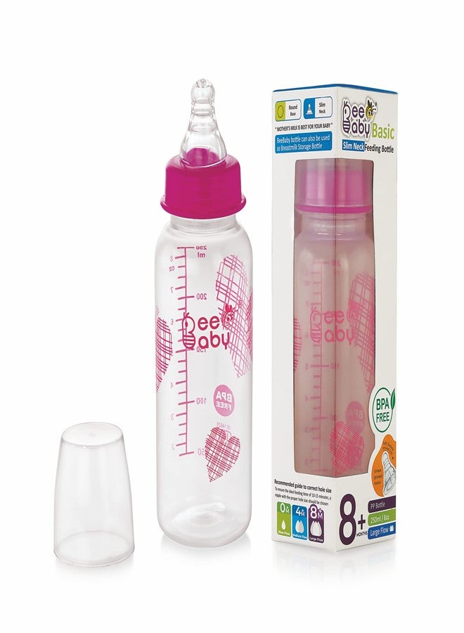 BeeBaby Basic Slim Neck Baby Feeding Bottle with Premium Anti Colic Silicone Nipple for New Born/Infant/Toddler/Babies, 100% BPA Free (250 ML, Pink) - Image 1