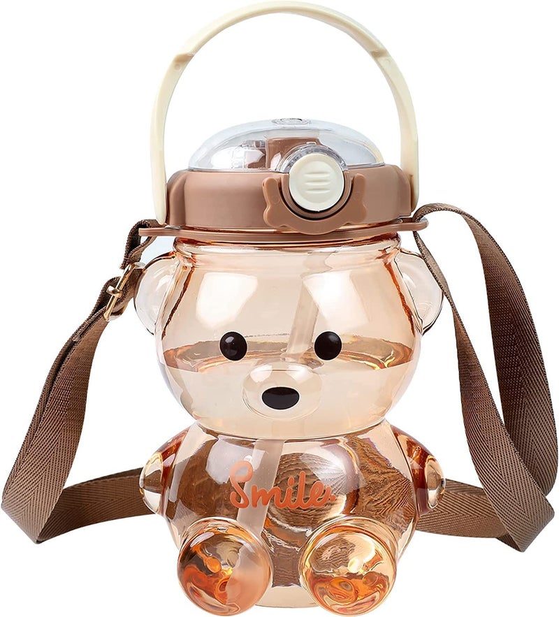 Roxbury 1 Liter Capacity Cute Teddy Shape Children Water Bottle With Strap Straw For School Travel And Outdoor ColorMulticolor Plastic - Image 1
