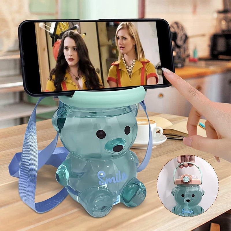 Roxbury 1 Liter Capacity Cute Teddy Shape Children Water Bottle With Strap Straw For School Travel And Outdoor ColorMulticolor Plastic - Image 4