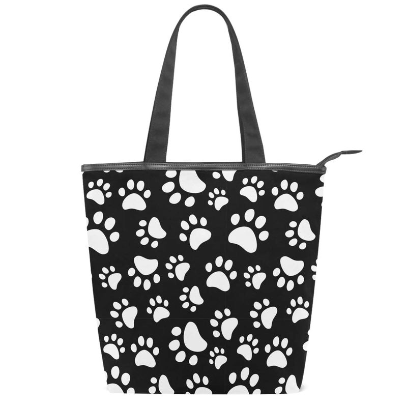 Dog Paws Canvas Tote Bag Cat Pet Footprints Animal Casual Shoulder Bag Handbag with Zipper EcoFriendly Reusable Grocery Shopping Bags for Women Girls