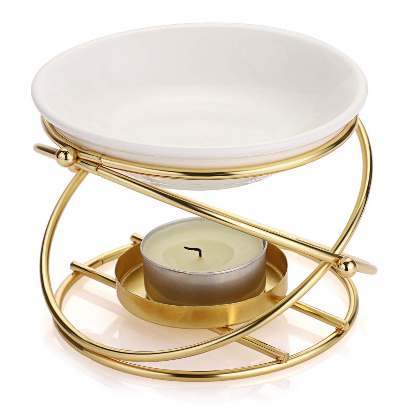BSTKEY Metal Essential Oil Burner Wax Melt Burner with Ceramic Bowl Home Decorative Tea Light Candle Holder Aroma Diffuser Round Shape Gold