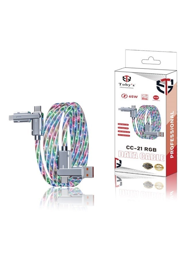 توبيز كابل بيانات توبي الاحترافي CC-21 RGB - خيارات شحن سريع متعددة: USB-C إلى USB-C (65 واط)، USB-C إلى Lightning (22.5 واط)، USB إلى USB-C (12 واط)، USB إلى Lightning (12 واط) مع تأثيرات إضاءة LED RGB - تصميم مضفر متين - Image 1