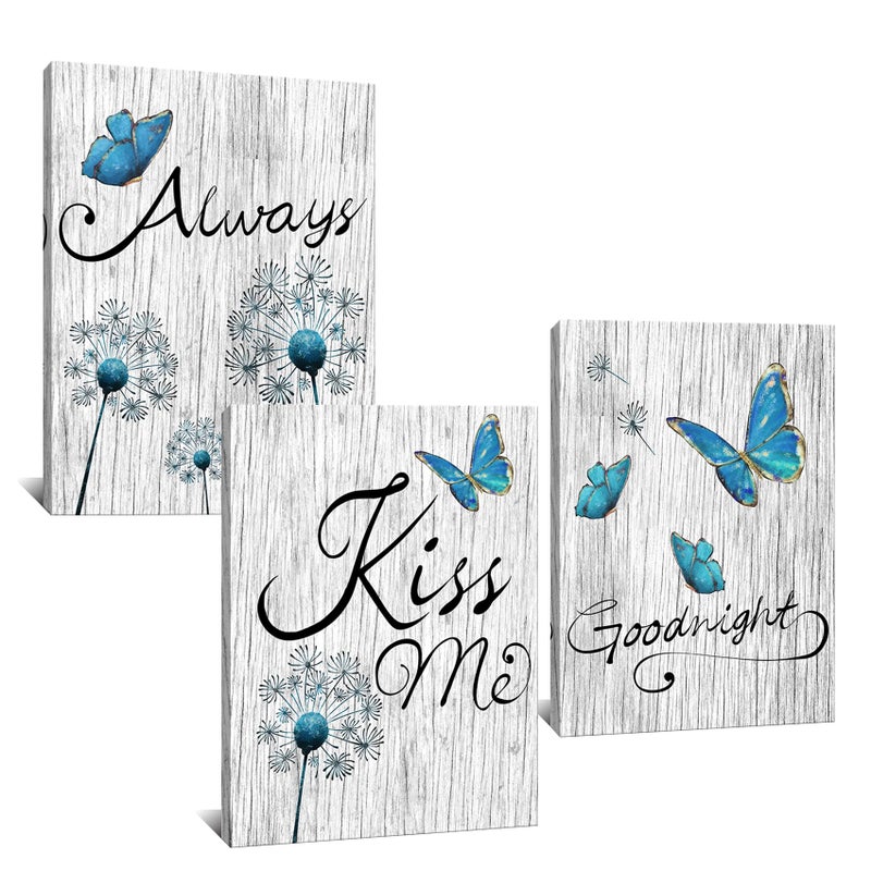 Kalormore Turquoise Blue Butterfly and Dandelion with Elegant Always Kiss Me Goodnight Painting Rustic Grey Wooden Textured Giclee Canvas Wall Art Decor Ready to Hang
