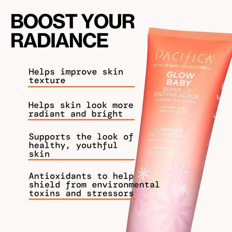 Pacifica Glow Baby Exfoliating Face Scrub, Brightening Enzyme Facial Cleanser w/ Vitamin C & Glycolic Acid for Radiant Smooth Skin, Unclogs Pores & Removes Dead Skin, Microbead-Free Vegan (4 fl oz) - Image 4