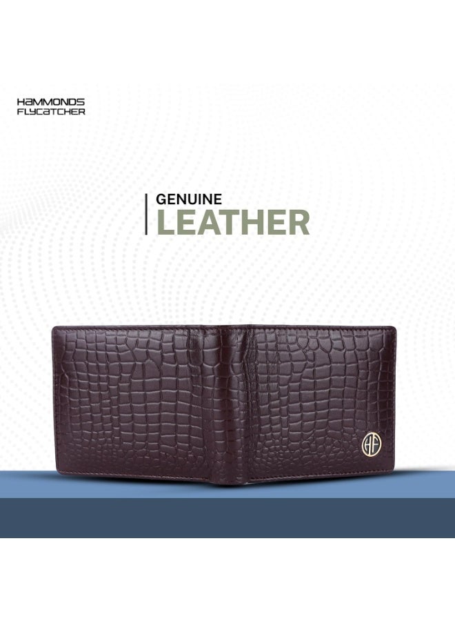  هاموندز فلاي كاتشر محفظة ثنائية الطي محمية بتقنية تحديد الهوية بموجات الراديو للرجال، مصنوعة من الجلد الأصلي، محفظة رجالية، محافظ جلدية للرجال، محفظة كلاسيكية بأربع فتحات للبطاقات، جيب للعملات المعدنية، هدية للرجال - بني من جلد التمساح - Image 2