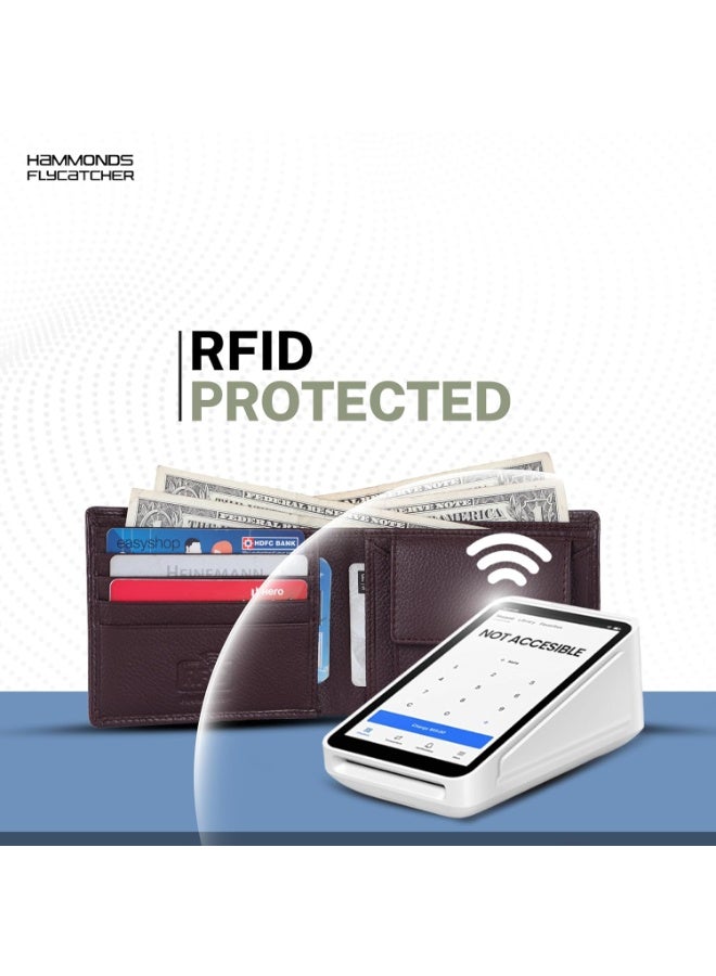  هاموندز فلاي كاتشر محفظة ثنائية الطي محمية بتقنية تحديد الهوية بموجات الراديو للرجال، مصنوعة من الجلد الأصلي، محفظة رجالية، محافظ جلدية للرجال، محفظة كلاسيكية بأربع فتحات للبطاقات، جيب للعملات المعدنية، هدية للرجال - بني من جلد التمساح - Image 3