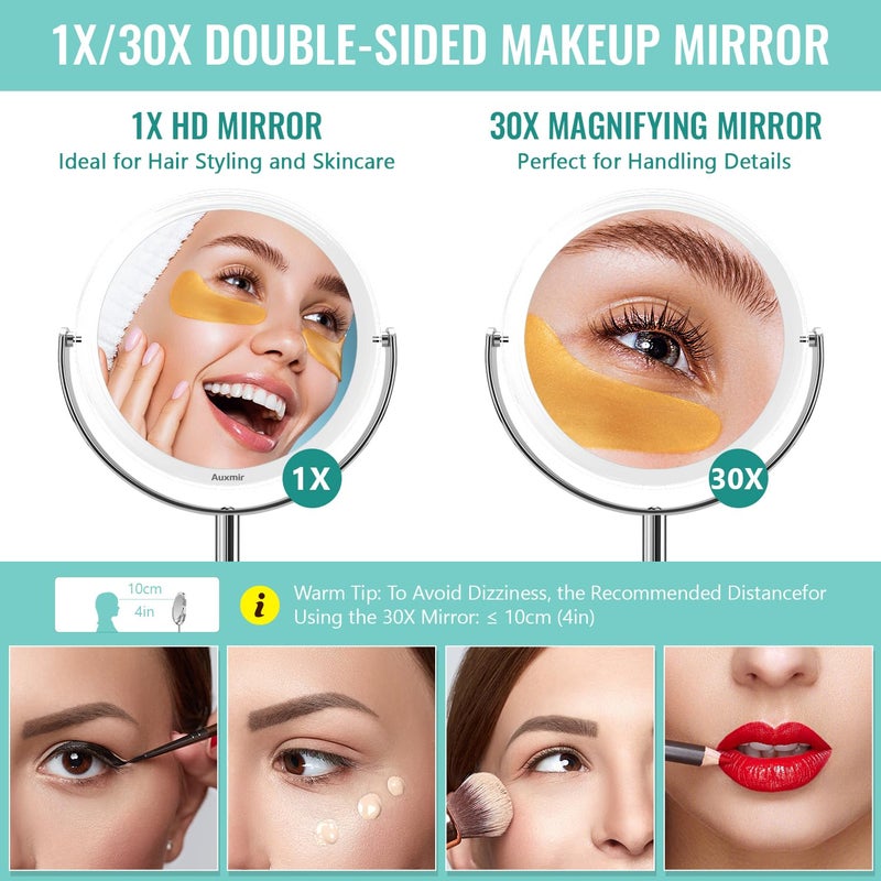 Auxmir 1X/ 30X Magnifying Mirror  Makeup Mirror With Tweezer  Double Sided Round Vanity Tabletop Mirror  360 Rotation Portable For Dressing Table Desk Bathroom Bedroom Travel  Clear - Image 2