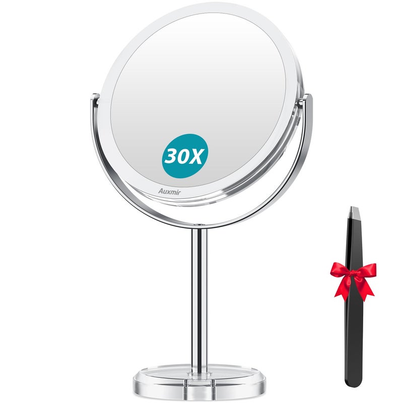 Auxmir 1X/ 30X Magnifying Mirror  Makeup Mirror With Tweezer  Double Sided Round Vanity Tabletop Mirror  360 Rotation Portable For Dressing Table Desk Bathroom Bedroom Travel  Clear - Image 1