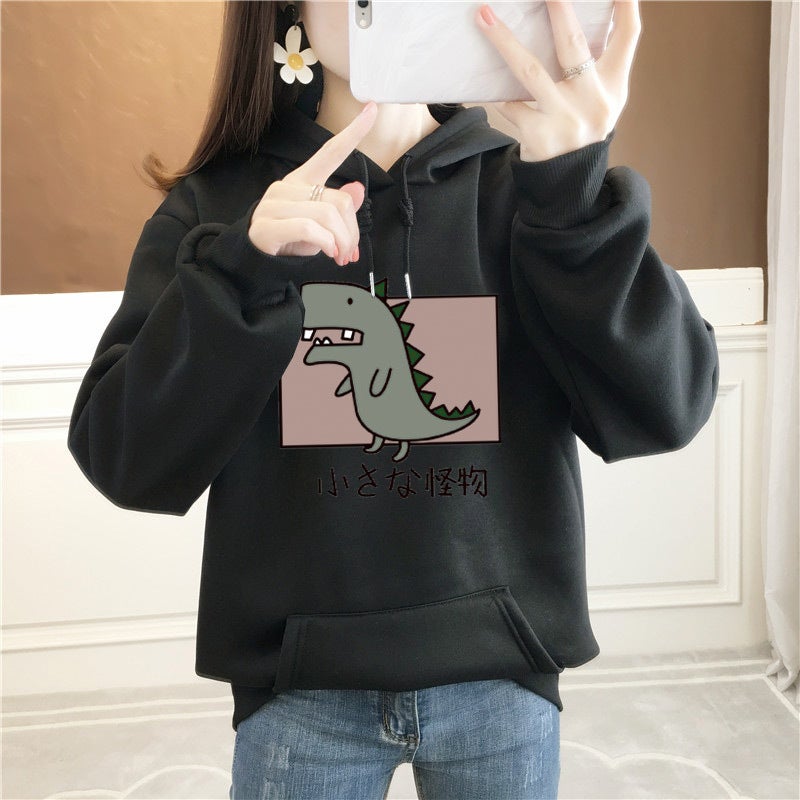 2022 Autumn Winter Hoodie Women Fleece Thickened Korean Oversized Black 