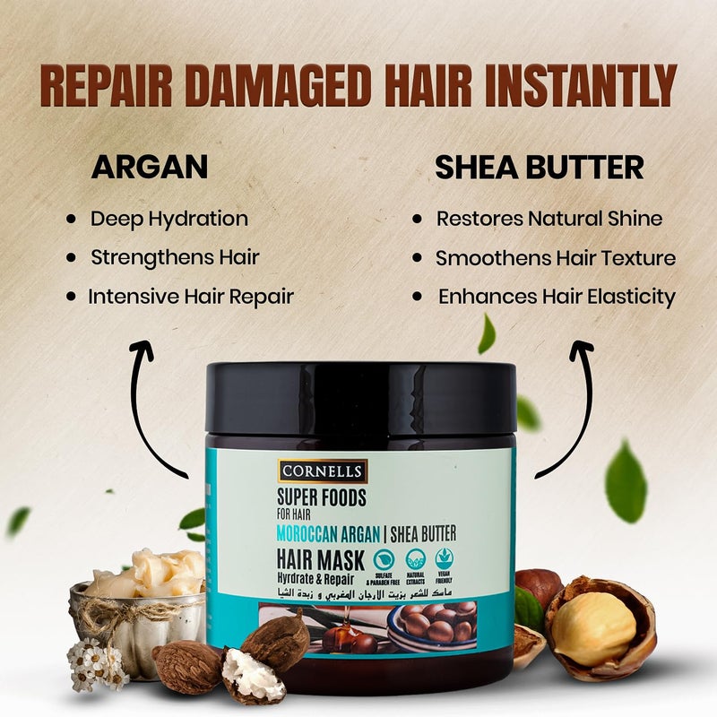 CORNELLS WELLNESS CORNELLS Super Foods Moroccan Argan & Shea Butter Hair Mask for Hydrate & Repair | For Men & Women Deep Nourishing Hair Treatment for Soft, Frizz-Free, Shiny Hair | Sulfate & Paraben-Free - 475ml - Image 3