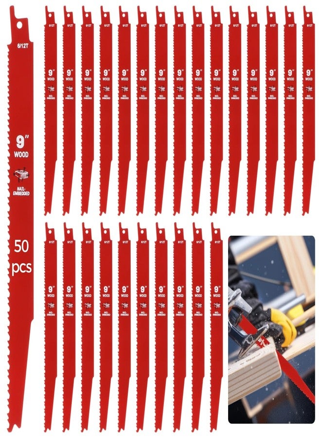 Homaisson 50 Pack 9 Inch 6/12 TPI Reciprocating Saw Blades, Bi-Metal Cutting Saw Blades, Sawzall Blades for Cutting Nail-Embedded Wood, Metal, PVC Pallets - Image 1