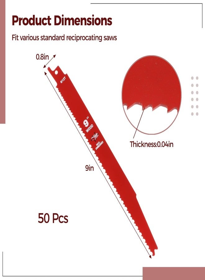 Homaisson 50 Pack 9 Inch 6/12 TPI Reciprocating Saw Blades, Bi-Metal Cutting Saw Blades, Sawzall Blades for Cutting Nail-Embedded Wood, Metal, PVC Pallets - Image 5