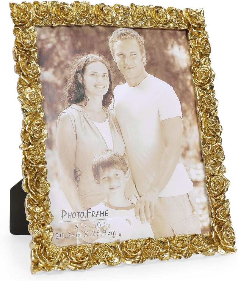 Cuspin 8x10 Picture Frame Vintage, Gold Ornate Rose Flower Resin Photo Frame with Glass Front for Tabletop, Antique Picture Frames for Home Decor - Image 1
