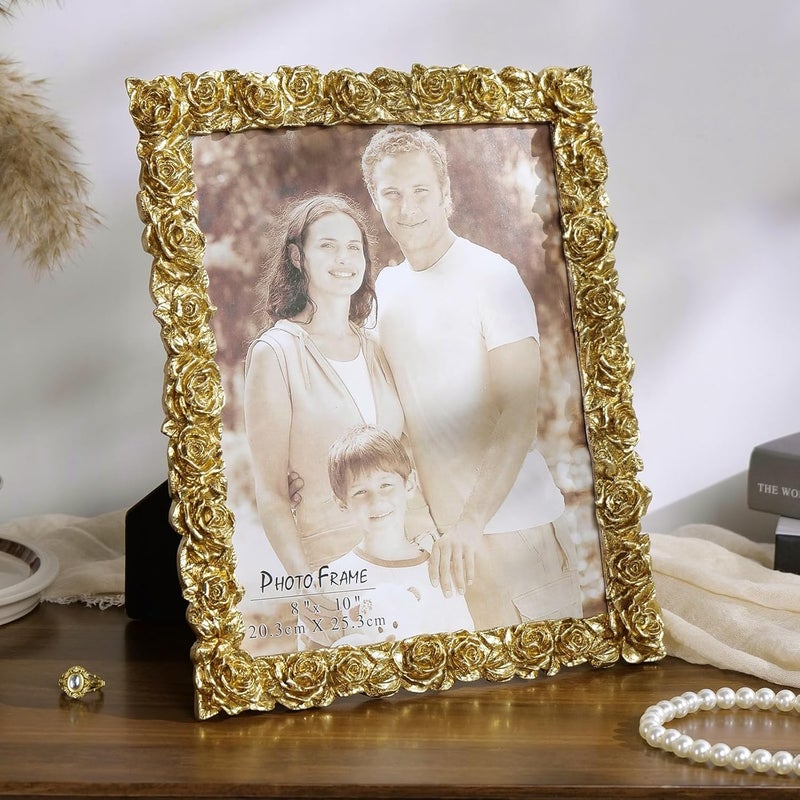 Cuspin 8x10 Picture Frame Vintage, Gold Ornate Rose Flower Resin Photo Frame with Glass Front for Tabletop, Antique Picture Frames for Home Decor - Image 2