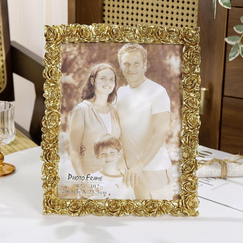 Cuspin 8x10 Picture Frame Vintage, Gold Ornate Rose Flower Resin Photo Frame with Glass Front for Tabletop, Antique Picture Frames for Home Decor - Image 4