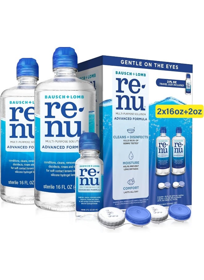Renu Renu Contact Lens Solution by, Multi-Purpose Disinfectant, Advanced Formula Kills 99.9% of Germs, 16 Fl Oz (Pack of 2), Includes 2 Fl Oz Travel Size  - Image 1