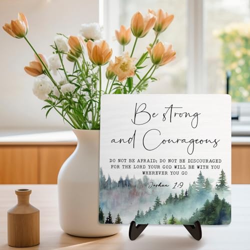 DMADNF Bible Verse Sign, Christian Sign, Table Art Signs,Wooden Sign Desk Decor, Positive Home Decor,Be Strong and Conrageons Wood Plaque Gift for Women&Men,5.9x5.9inch (JOSHOA 1:9) - Image 4