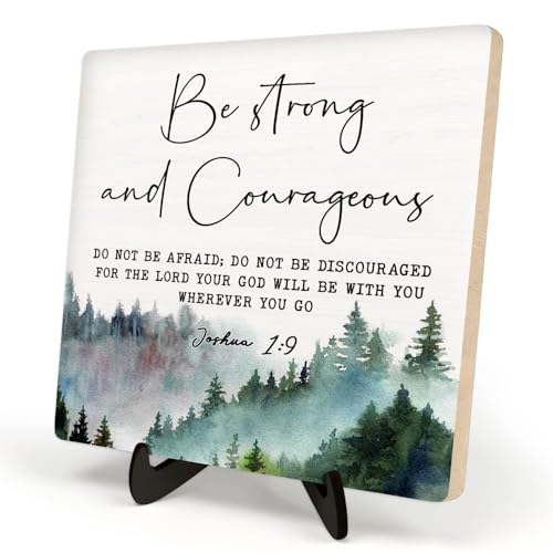 DMADNF Bible Verse Sign, Christian Sign, Table Art Signs,Wooden Sign Desk Decor, Positive Home Decor,Be Strong and Conrageons Wood Plaque Gift for Women&Men,5.9x5.9inch (JOSHOA 1:9) - Image 1