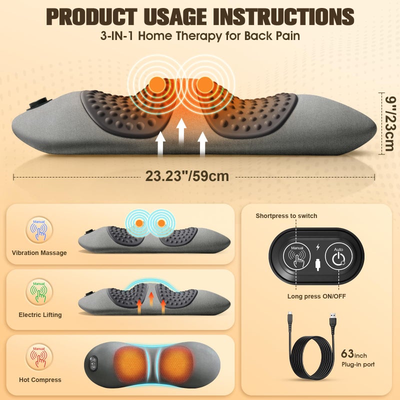 FunBy 3-in-1 Electric Lumbar Support Pillow,Triple Fusion Back Massager with Heat,Vibration&Traction,Back Support Pillow for Bed and Chair,Lumbar Support Pillow for Lower Back Pain Relief&Spine Support-Gray - Image 2