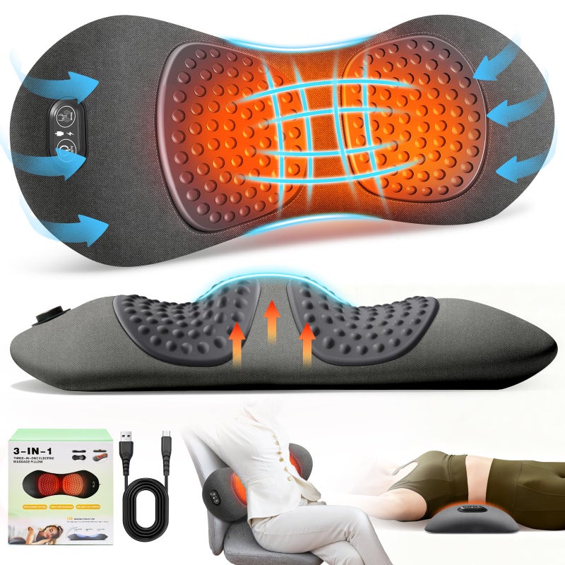 FunBy 3-in-1 Electric Lumbar Support Pillow,Triple Fusion Back Massager with Heat,Vibration&Traction,Back Support Pillow for Bed and Chair,Lumbar Support Pillow for Lower Back Pain Relief&Spine Support-Gray - Image 1