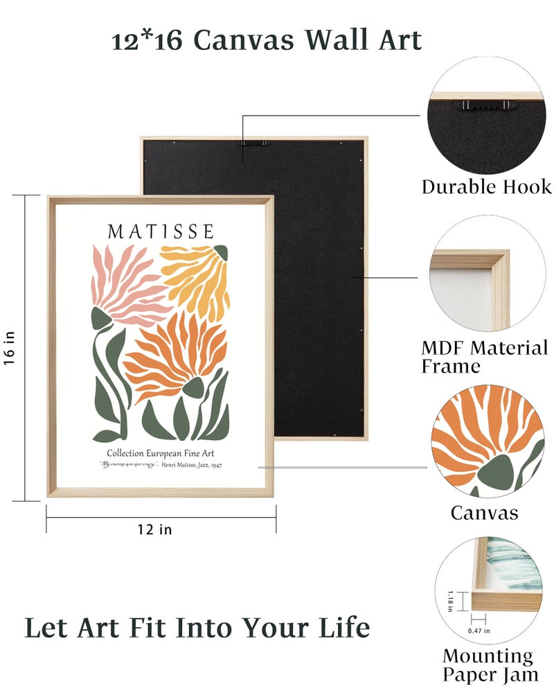 UPWOIGH Framed Wall Art  Matisse Flower Market Prints Set of 3 Wood Canvas Wall Art 12""x16"" Cotton Pattern Botanical Wall Art Aesthetic for Living Room Bedroom D?cor Accessories - Image 3