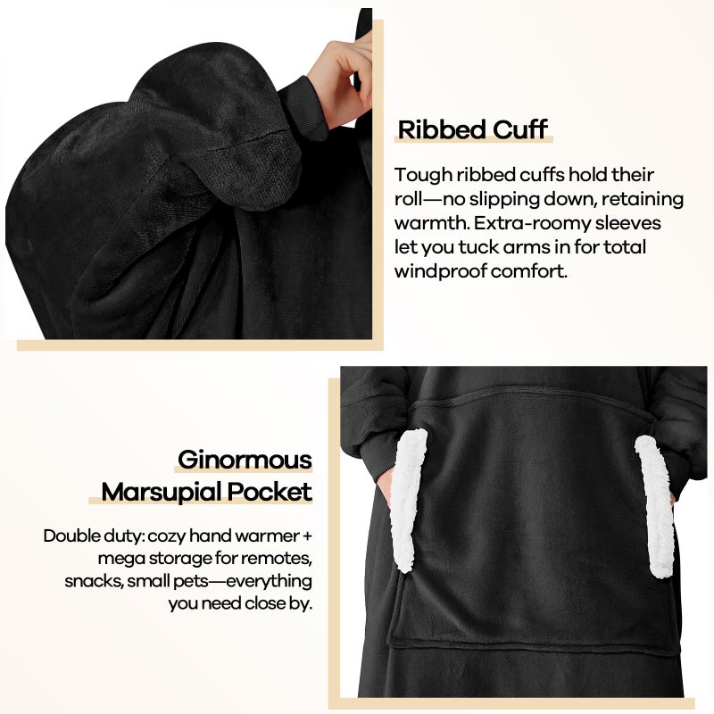 yescool Wearable Blanket Hoodie - Gifts for Women Her Girlfriend, Birthday Christmas Gifts For Mom, Oversized Flannel Sherpa Blanket Sweatshirt, One Size Fits All (Black) - Image 5