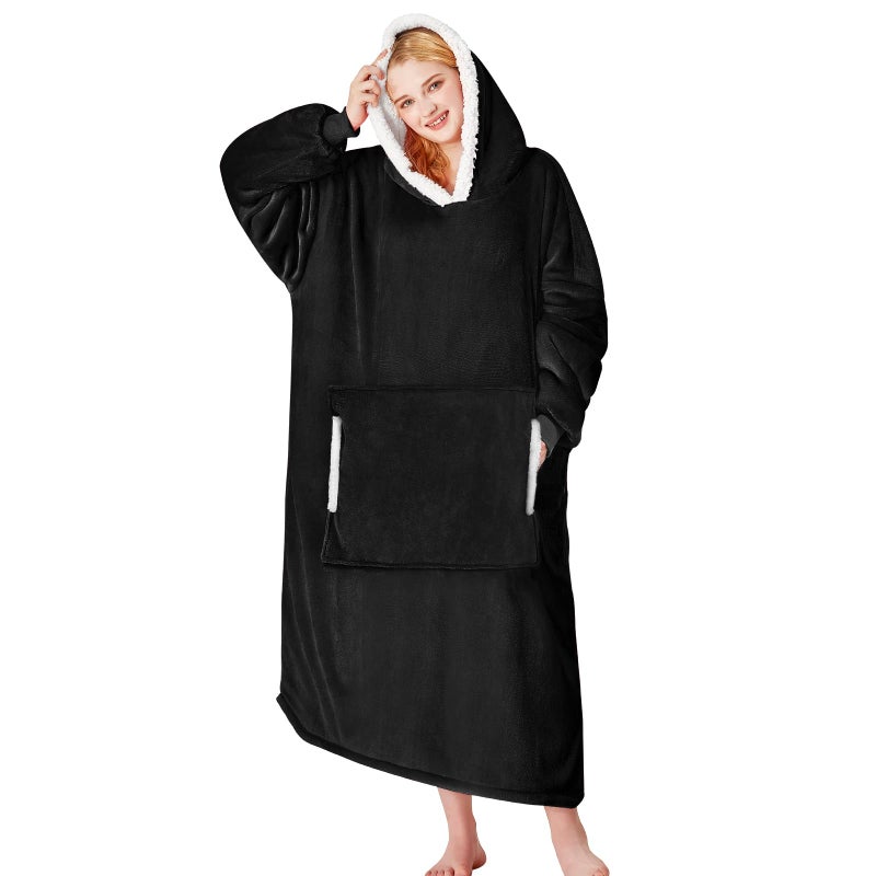 yescool Wearable Blanket Hoodie - Gifts for Women Her Girlfriend, Birthday Christmas Gifts For Mom, Oversized Flannel Sherpa Blanket Sweatshirt, One Size Fits All (Black) - Image 1