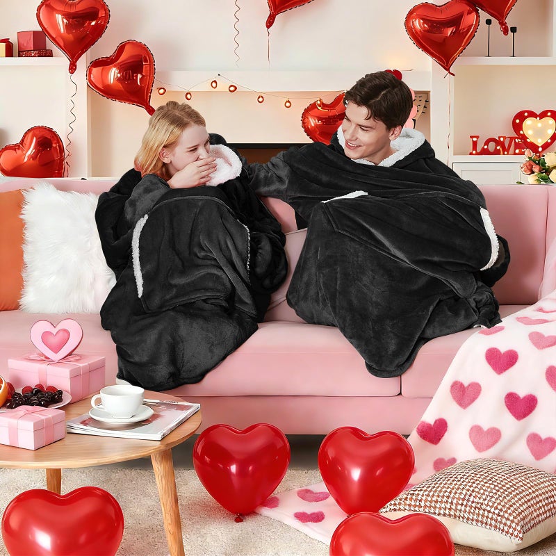 yescool Wearable Blanket Hoodie - Gifts for Women Her Girlfriend, Birthday Christmas Gifts For Mom, Oversized Flannel Sherpa Blanket Sweatshirt, One Size Fits All (Black) - Image 2