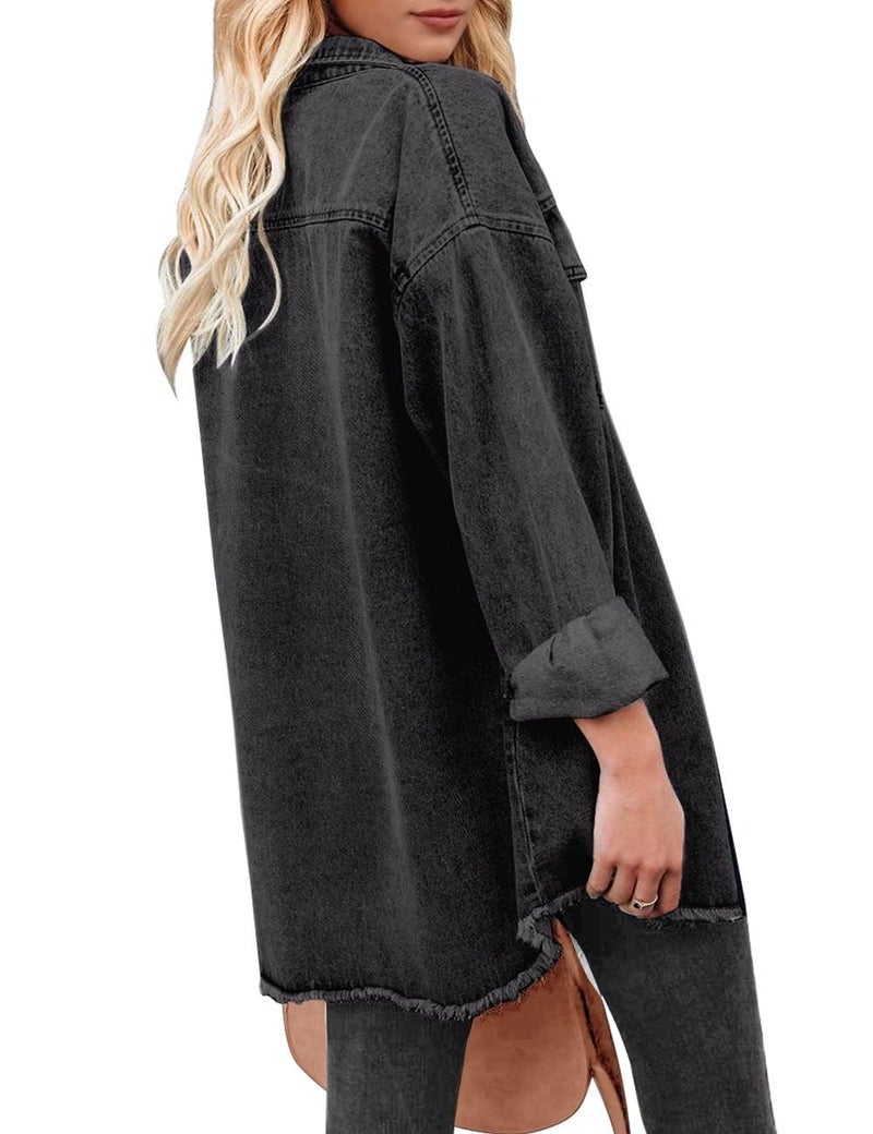 Vetinee Oversized Boyfriend Denim Jean Jacket for Women - Black, Front Button, Raw Hem, Long Sleeve, Pockets - Size 16, 18 - Image 2