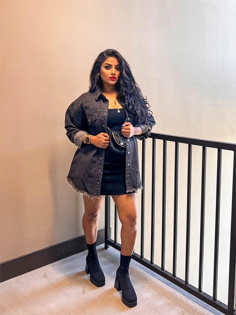 Vetinee Oversized Boyfriend Denim Jean Jacket for Women - Black, Front Button, Raw Hem, Long Sleeve, Pockets - Size 16, 18 - Image 5