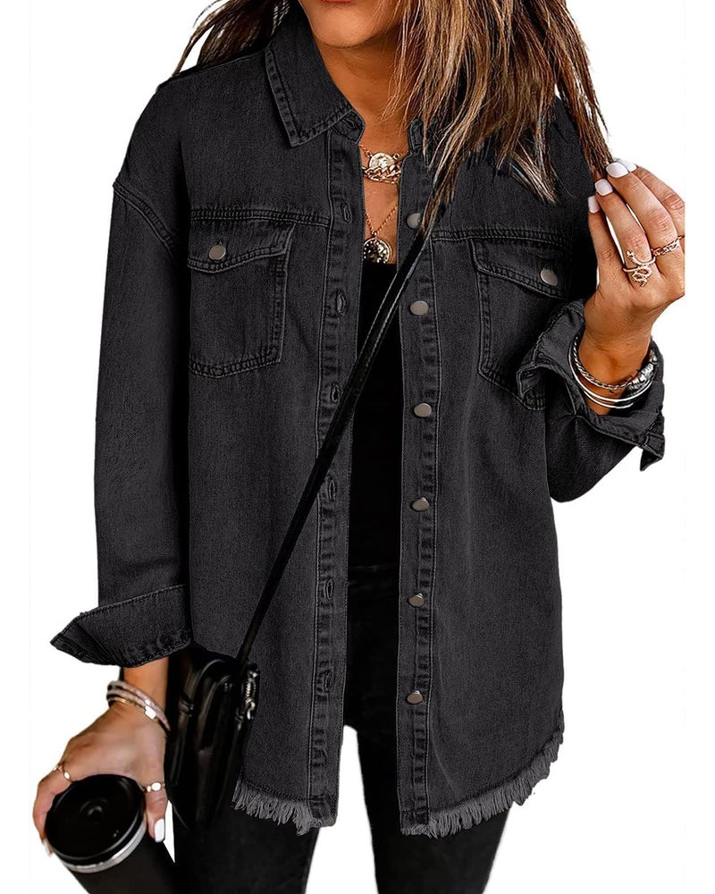 Vetinee Oversized Boyfriend Denim Jean Jacket for Women - Black, Front Button, Raw Hem, Long Sleeve, Pockets - Size 16, 18 - Image 1