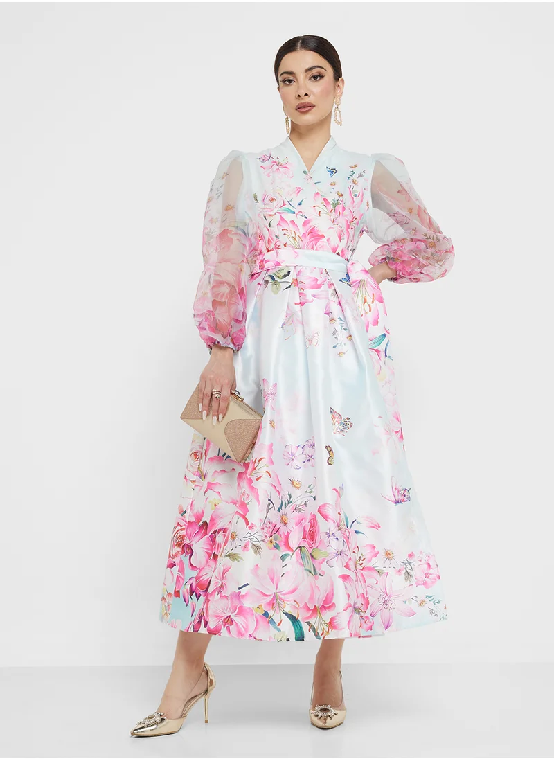 خزانة Floral Print Dress With Sheer Puff Sleeves