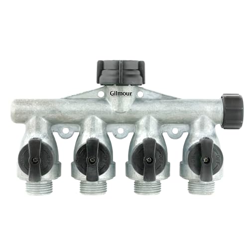 Gilmour Heavy Duty 4 Way Garden Hose Splitter, Quad Water Hose Splitter with Shut Off Valve, Metal Water Manifold, Aluminum - Image 1