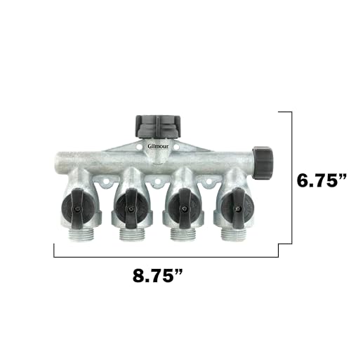 Gilmour Heavy Duty 4 Way Garden Hose Splitter, Quad Water Hose Splitter with Shut Off Valve, Metal Water Manifold, Aluminum - Image 3