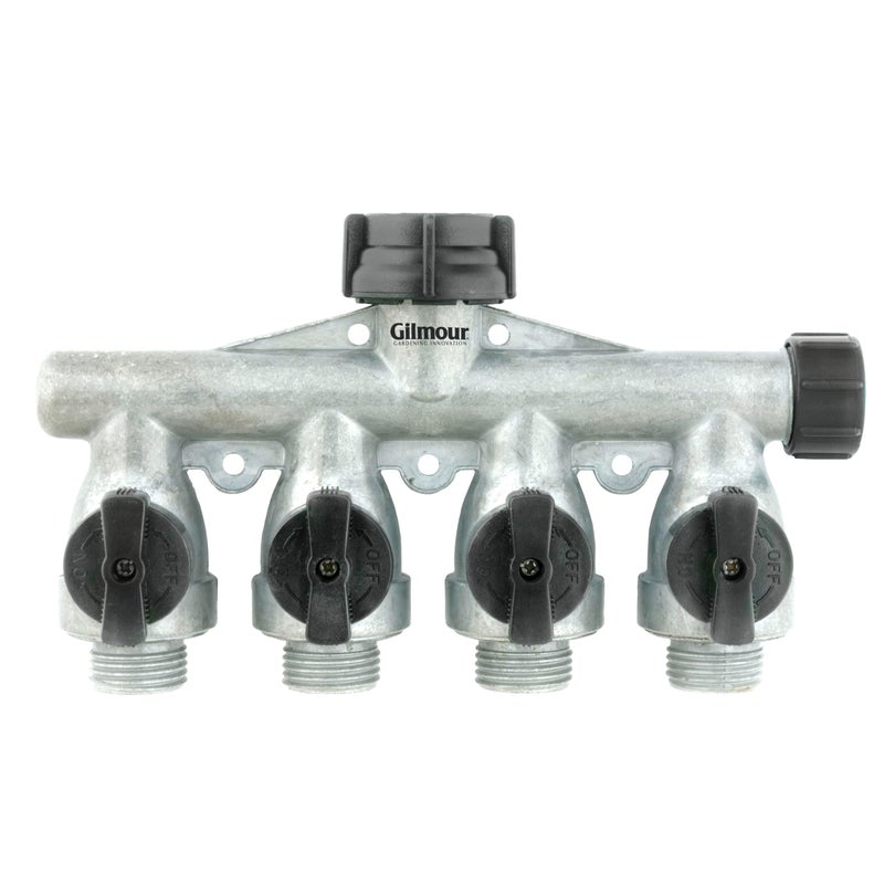 Gilmour Heavy Duty 4 Way Garden Hose Splitter, Quad Water Hose Splitter with Shut Off Valve, Metal Water Manifold, Aluminum - Image 4