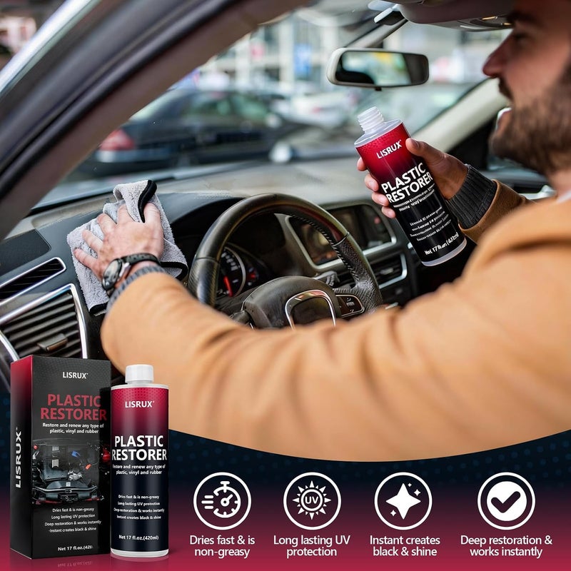 LISRUX Plastic Restorer for Cars, Black Trim Restorer - Restores Faded Plastic, Vinyl & Rubber Trim, Resists UV Rays, Water, Dirt, Works for Car Exterior & Interior Plastic Parts, 17 fl. Oz - Image 3