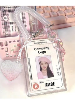 Women Girls Acrylic Transparent Kpop Idol Photocard Holder Love Heart ID Credit Card Sleeve Cover Protector with Pendant Keychain(Pink)