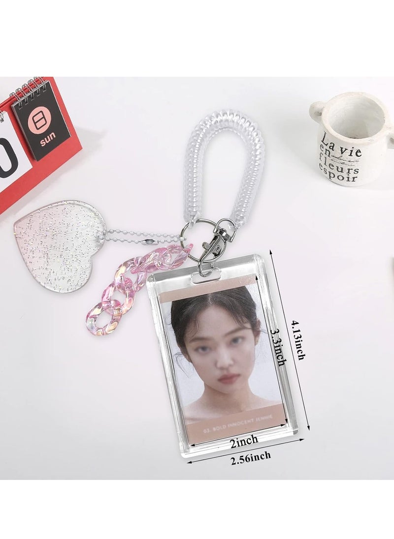 Mmmon - Women Girls Acrylic Transparent Kpop Idol Photocard Holder Love Heart ID Credit Card Sleeve Cover Protector with Pendant Keychain(Pink) - Image 1