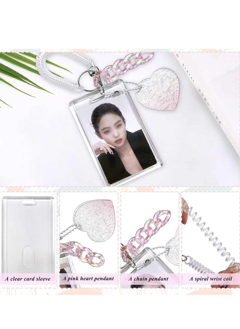 Mmmon - Women Girls Acrylic Transparent Kpop Idol Photocard Holder Love Heart ID Credit Card Sleeve Cover Protector with Pendant Keychain(Pink) - Image 1