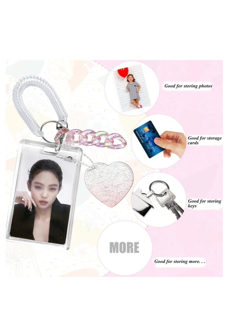 Mmmon - Women Girls Acrylic Transparent Kpop Idol Photocard Holder Love Heart ID Credit Card Sleeve Cover Protector with Pendant Keychain(Pink) - Image 1