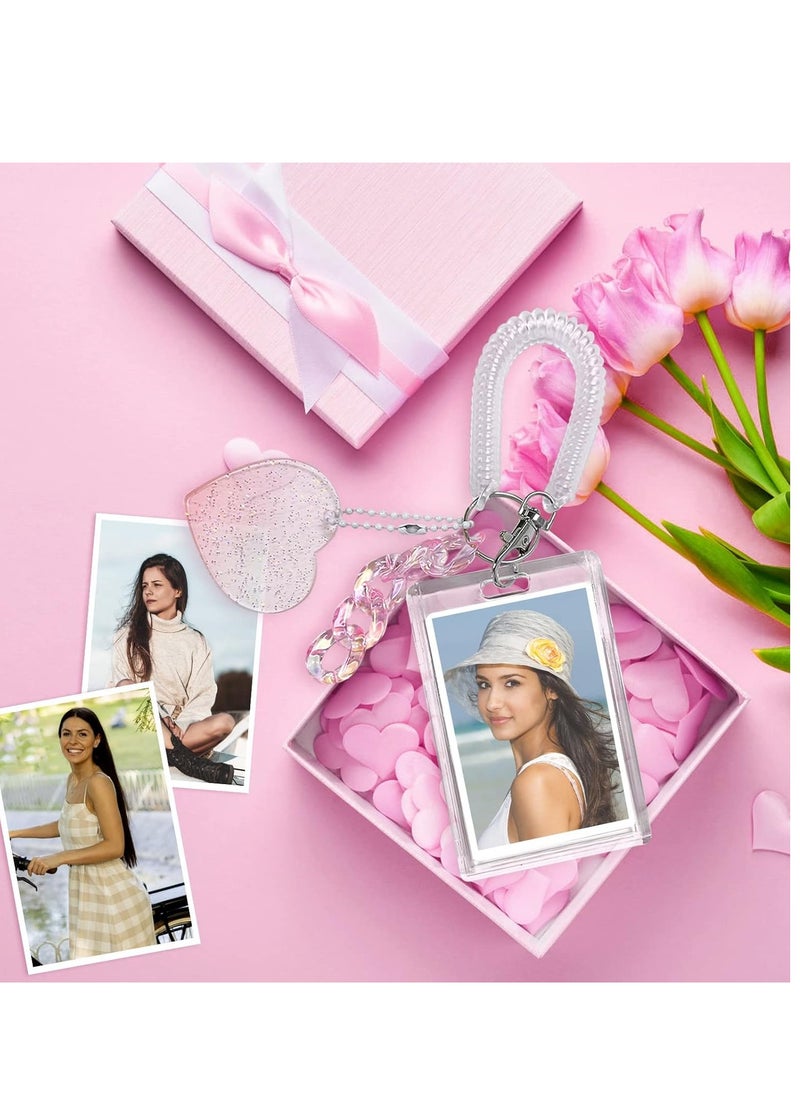 Mmmon - Women Girls Acrylic Transparent Kpop Idol Photocard Holder Love Heart ID Credit Card Sleeve Cover Protector with Pendant Keychain(Pink) - Image 1