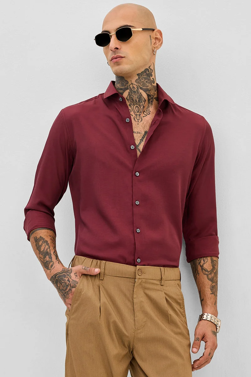 سنيتش Dark Maroon Solid Long Sleeve Slim Fit Formal Shirt
