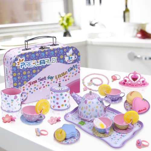 PRE-WORLD Tea Party Set for Little Girls,PRE-WORLD Princess Tea Time Toy with Food Sweet Treats Playsets,Dress Up Accessories Cloak Necklace Bracelet Jewelry Set, Kids Kitchen Pretend Play for Girls Age 3-6 - Image 2